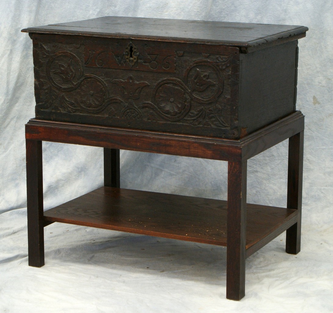 Appraisal: English oak Jacobean dovetailed bible box on stand carved WP