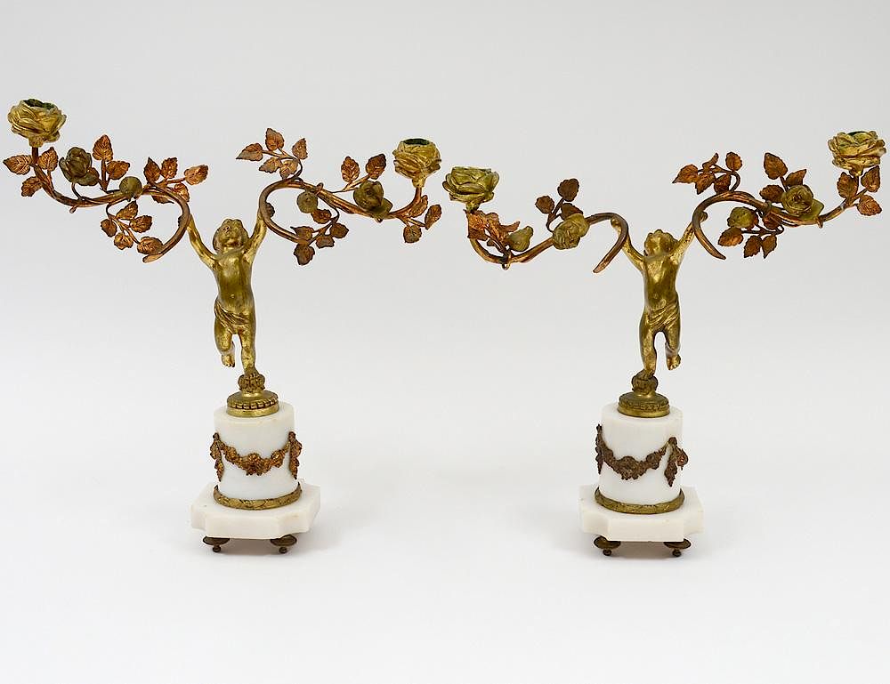 Appraisal: PAIR OF LOUIS XVI STYLE GILT BRONZE TWO LIGHT CANDELABRAS