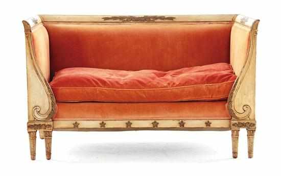 Appraisal: Venetian painted sofa circa acanthus leaf-carved crestrail over three-sided padded