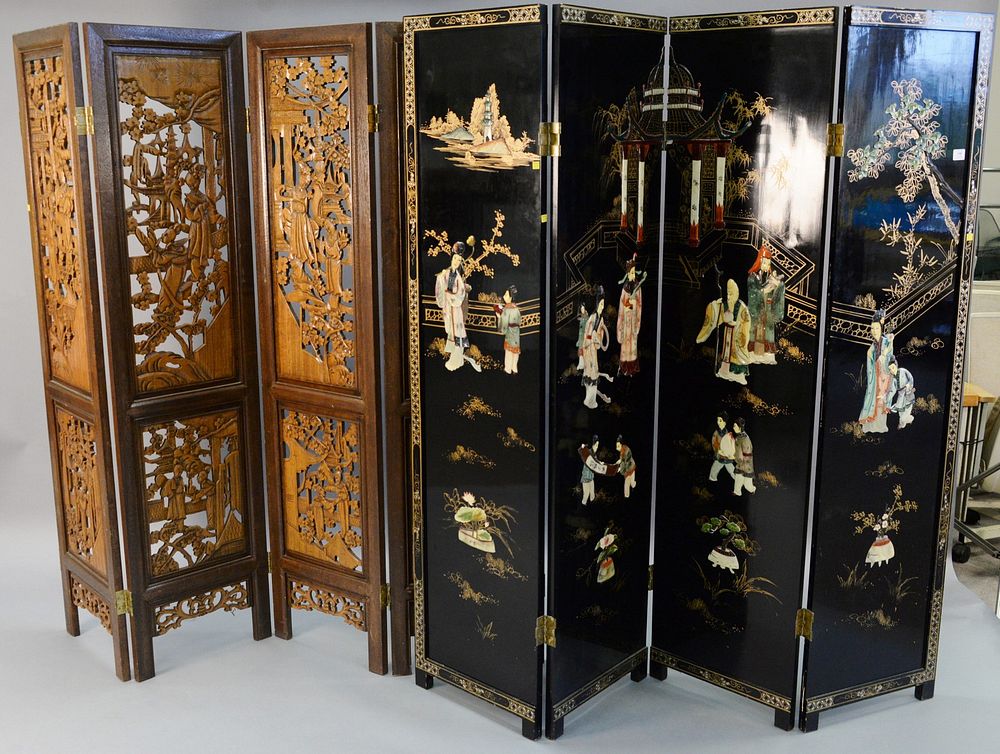 Appraisal: Two Asian four panel screens including one with black lacquer