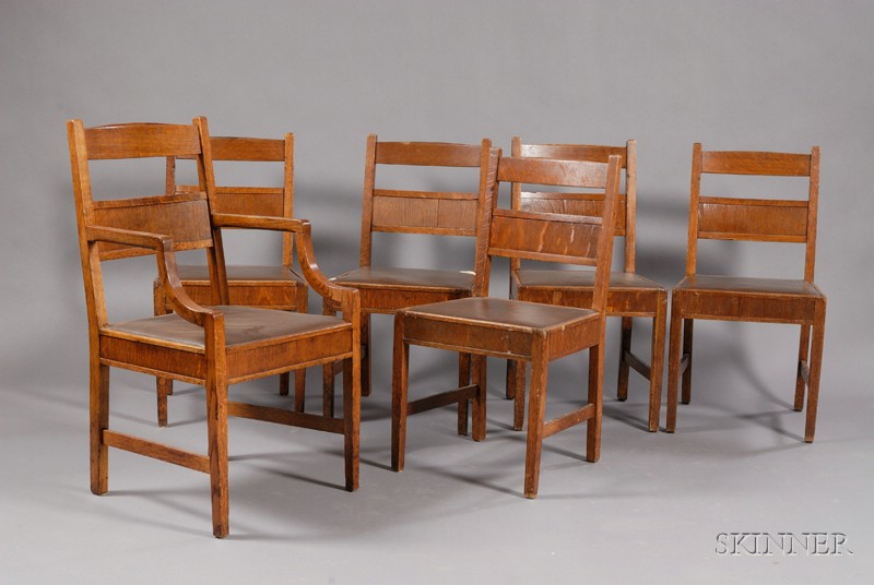 Appraisal: Six Gustav Stickley Dining Chairs Oak and oak veneer New