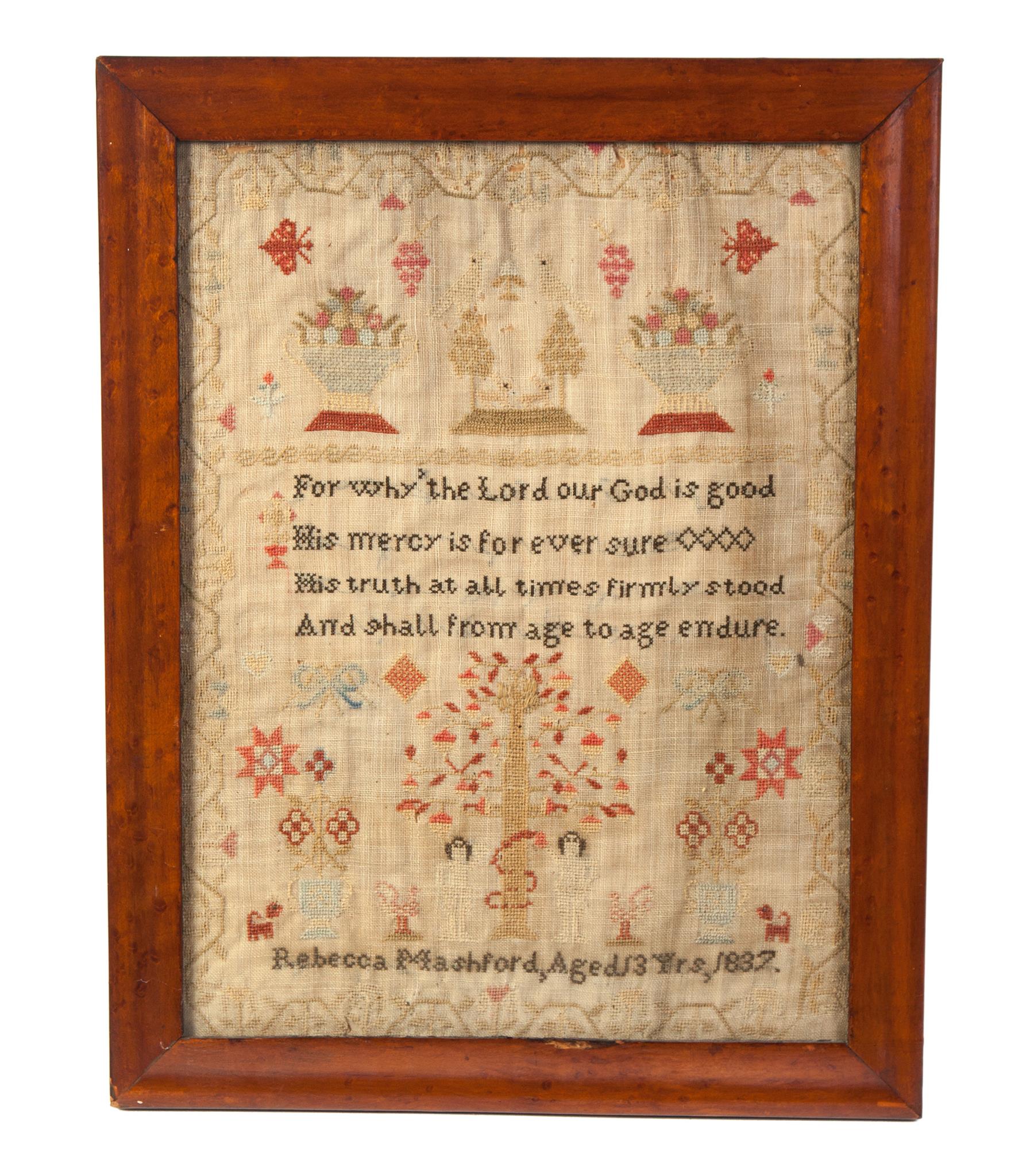 Appraisal: FRAMED SAMPLER England LInen with multicolored thread baskets of flowers