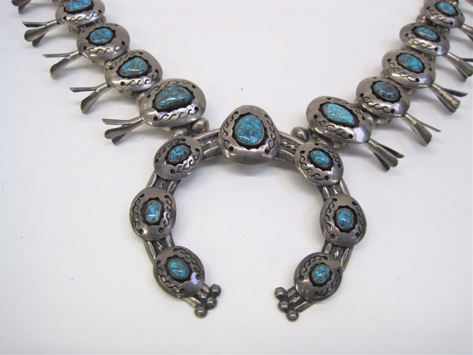 Appraisal: NAVAJO TURQUOISE STERLING SQUASH BLOSSOM NECKLACE silver beads with turquoise