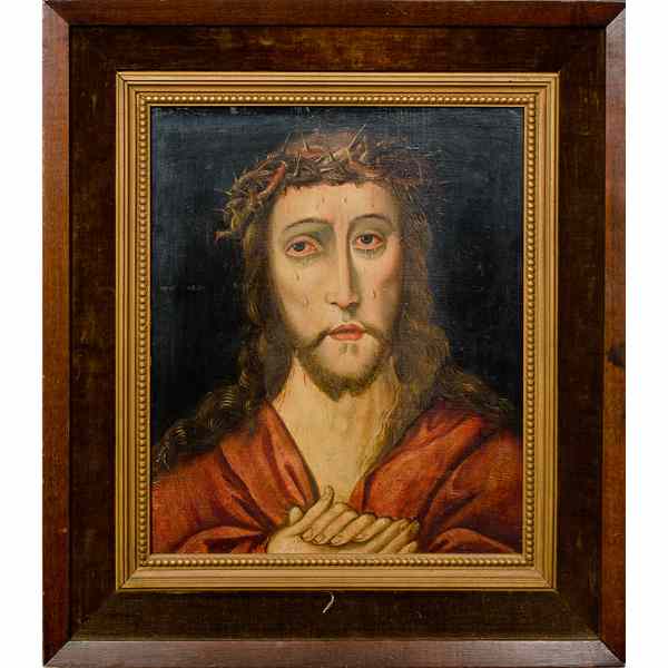 Appraisal: Spanish Devotional Painting Oil on ppanel unsigned depicting Christ crowned