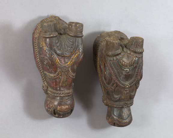 Appraisal: Monumental Pair of Indian Carved Polychromed Parcel-Gilt and Wood Bridled