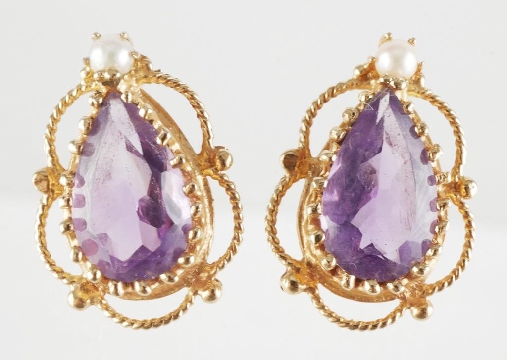 Appraisal: K yellow gold filigree earrings with large teardrop purple spinel