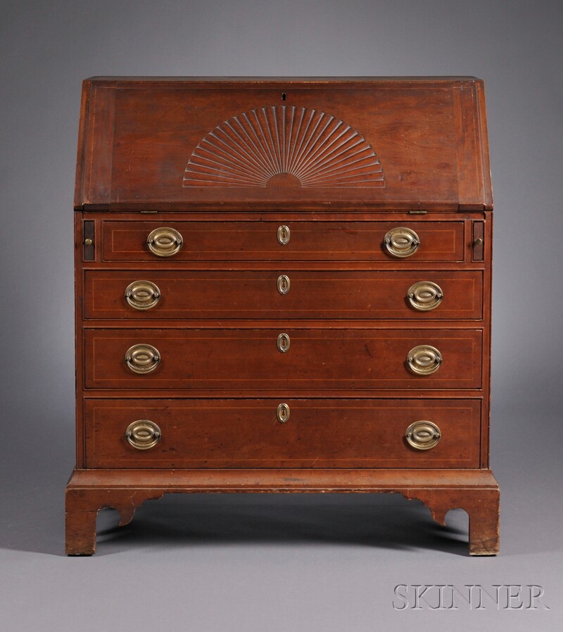 Appraisal: Fine Carved and String-inlaid Cherry Slant-lid Desk possibly Connecticut River