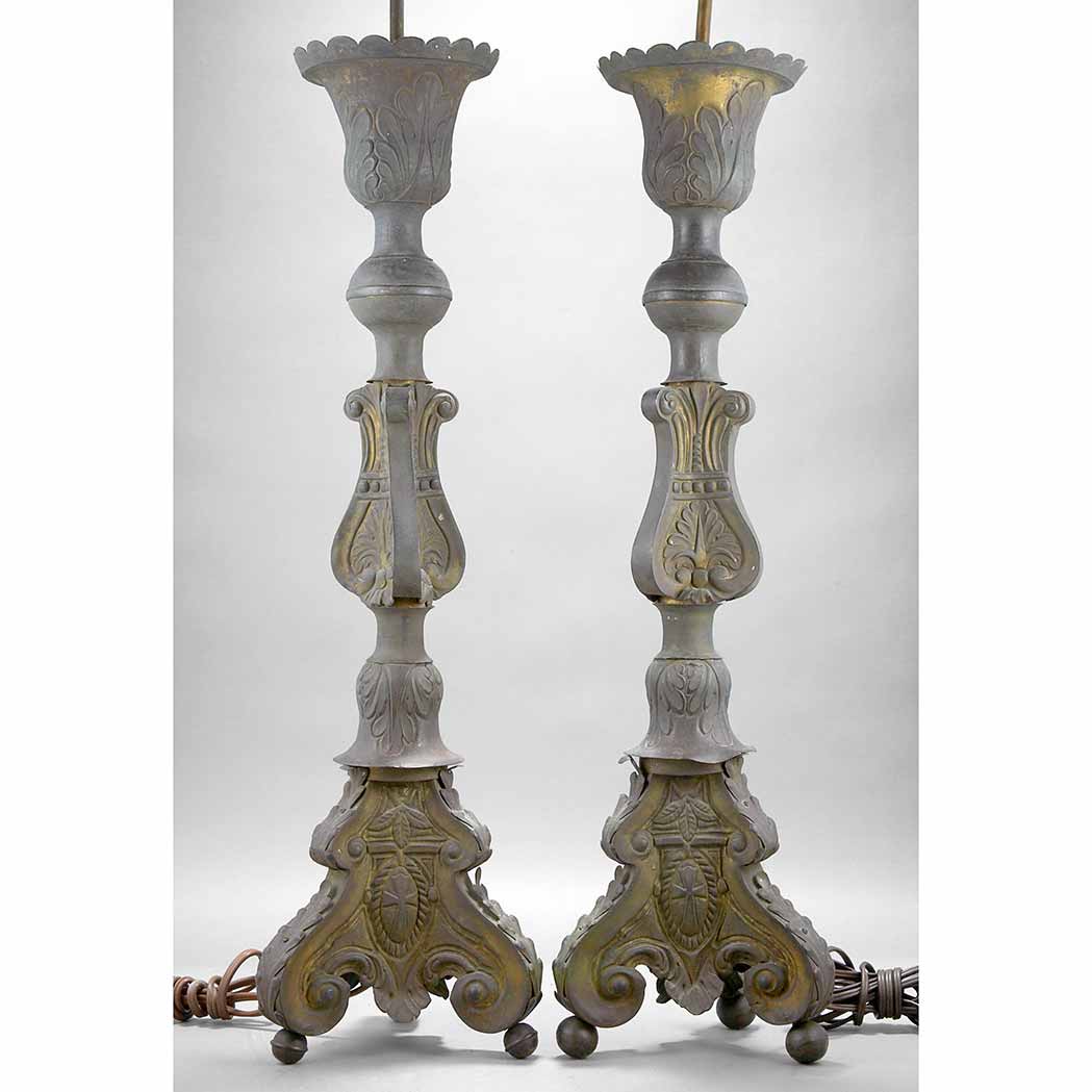 Appraisal: Pair of Continental Baroque Style Bronze and Patinated-Metal Altar Sticks