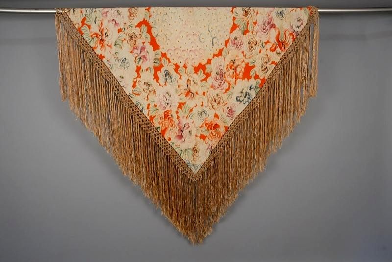 Appraisal: PRINTED SILK SHAWL s - s Polychrome watercolor floral on