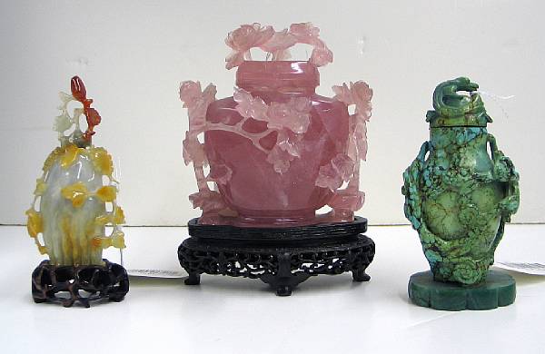 Appraisal: Three hardstone carvings Including a rose quartz covered vase with