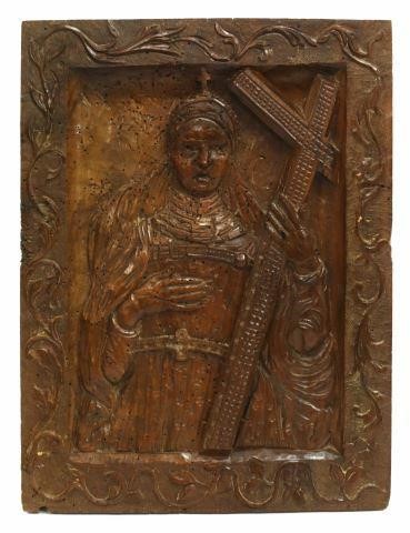 Appraisal: Continental carved walnut religious panel Saint Helen thc depicting crowned