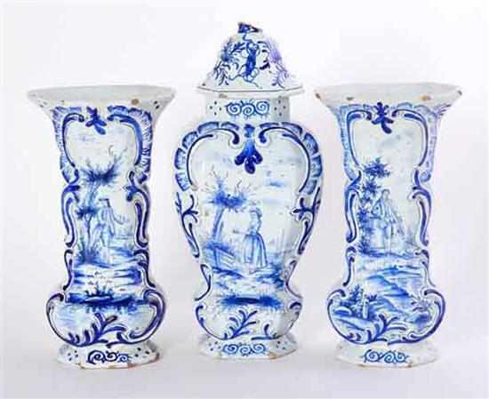 Appraisal: Dutch Delft blue and white garniture th century octagonal form