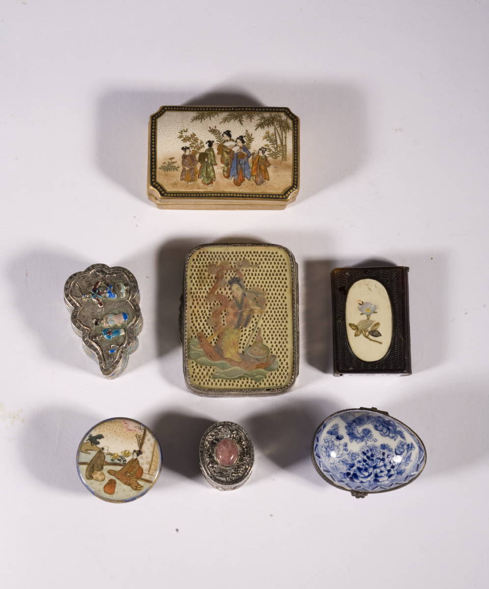 Appraisal: SEVEN ORIENTAL SMALL BOXES OF VARIOUS MATERIALS Length of largest