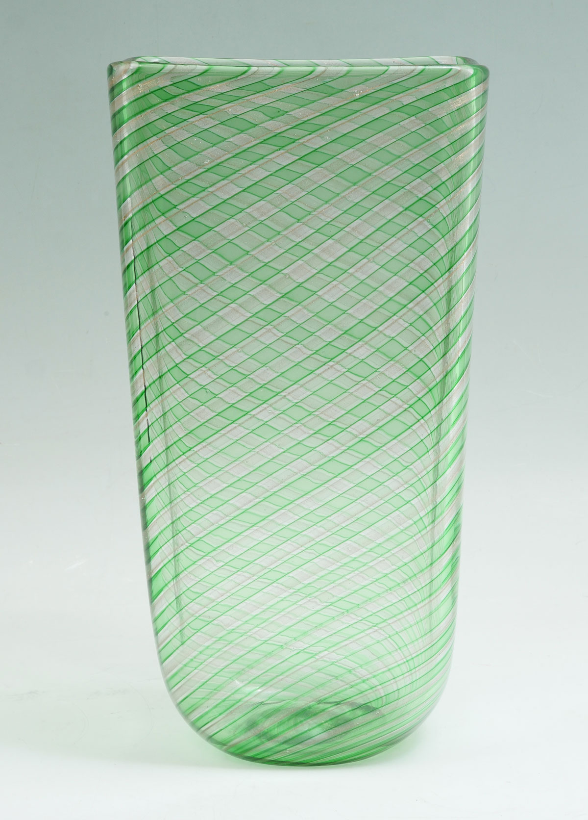 Appraisal: MURANO GREEN COPPER FLECK STRIPED VASE Rectangular Murano art glass