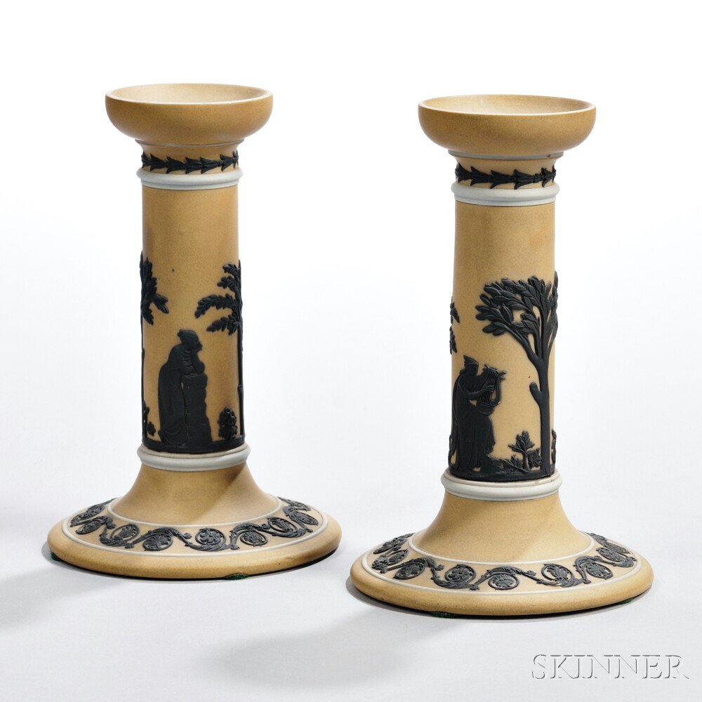 Appraisal: Pair of Wedgwood Yellow Jasper Dip Candlesticks England c with