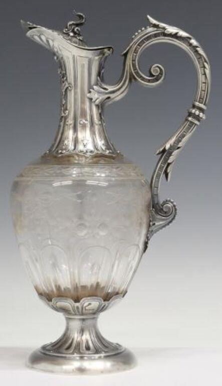 Appraisal: French silver-mounted glass claret wine jug ewer hinged lid foliate