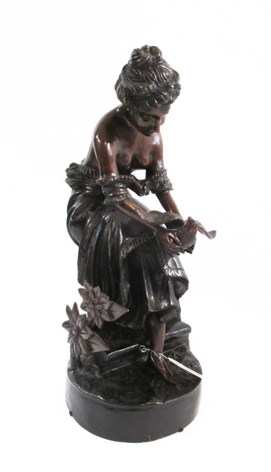 Appraisal: PATINATED BRONZE SCULPTURE classic figure of a young woman with