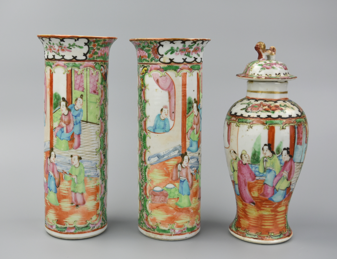 Appraisal: CANTONESE VASES FIGURES IN COURTYARDS TH C A lot of