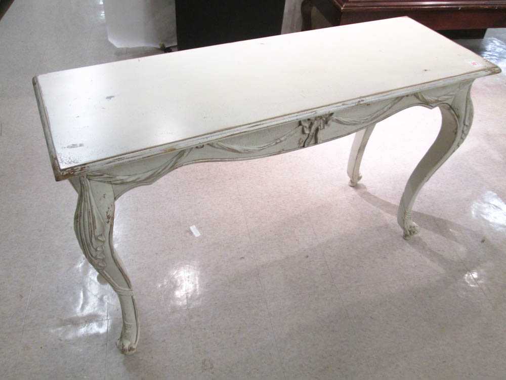 Appraisal: FRENCH STYLE SWAG CONSOLE TABLE recent production distress antique ivory