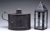 Appraisal: TWO ANTIQUE LANTERNS Square glass and black painted metal candle