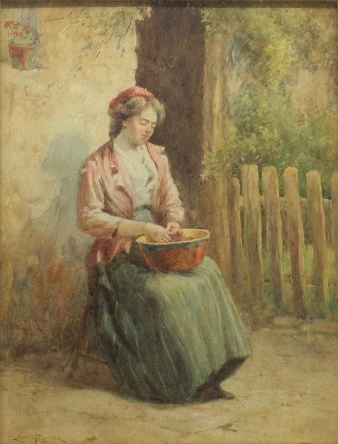 Appraisal: JOSHUA BREWSTER FISHER - A lady peeling fruit signed watercolour