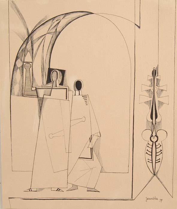 Appraisal: FRITZ JANSCHKA Austrian ABSTRACT FIGURES Pen and ink abstract shows