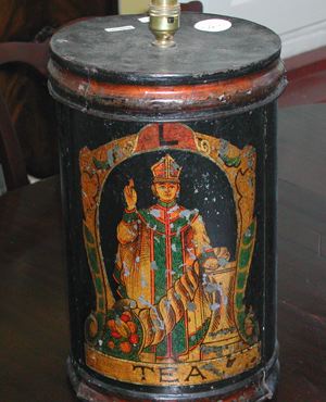 Appraisal: Large Cylindrical English Parcel-Gilt Polychromed Black Tin Tea Canister third