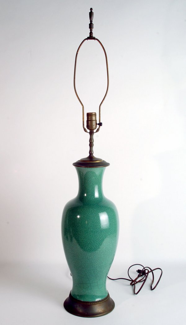 Appraisal: Porcelain vase with green crackle glaze Mounted as table lamp