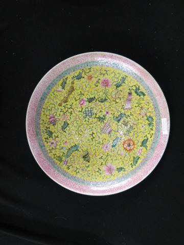 Appraisal: Chinese Porcelain Charger fish objects florals on yellow ground signed