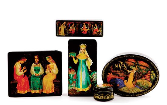 Appraisal: Russian pictorial lacquer boxes square round and oblong each similarly