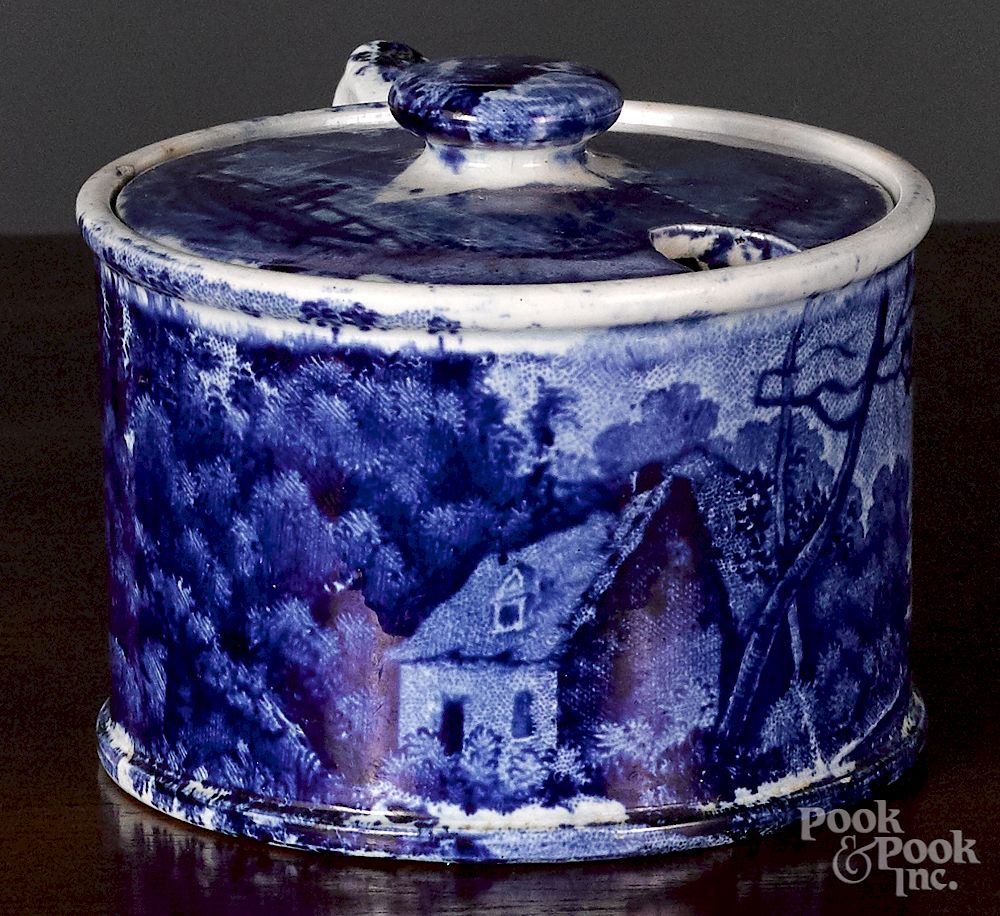 Appraisal: Historical Blue Staffordshire mustard pot Historical Blue Staffordshire Catskill Mountains