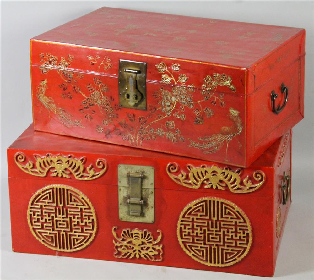 Appraisal: TWO RED LACQUERED CHINESE PAPIER MACHE CHESTS of graduated size