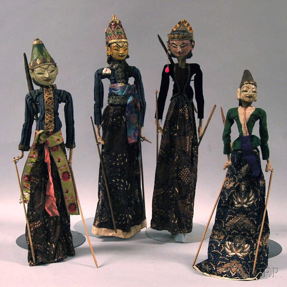 Appraisal: Four Gilt and Polychrome Paint-decorated Wayang Puppets Indonesia probably Java