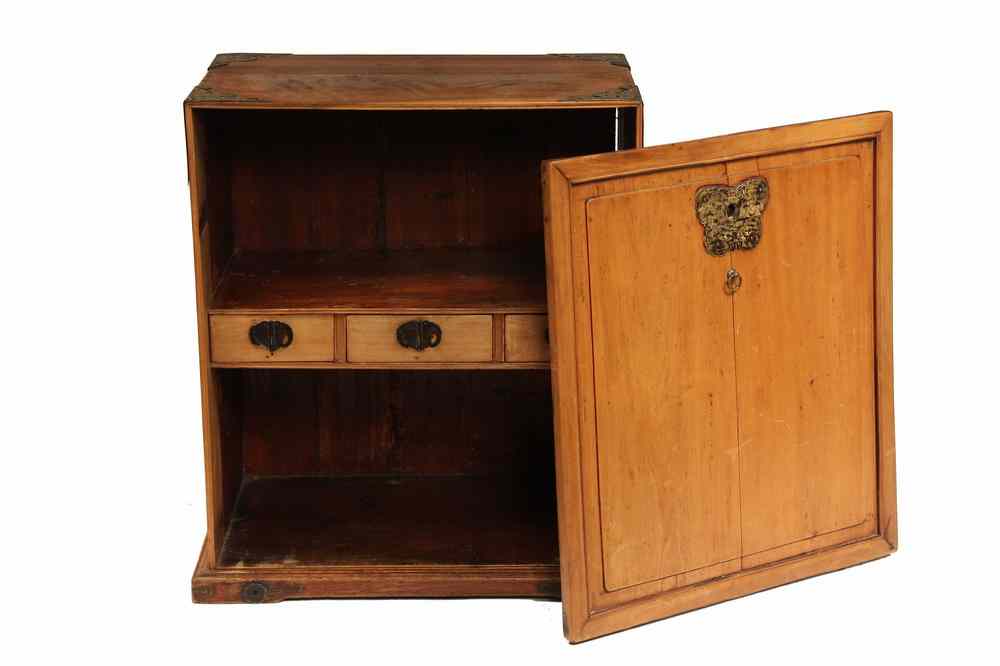 Appraisal: EARLY CHINESE CABINET - Chinese Scholar's Scroll Travel Cabinet in