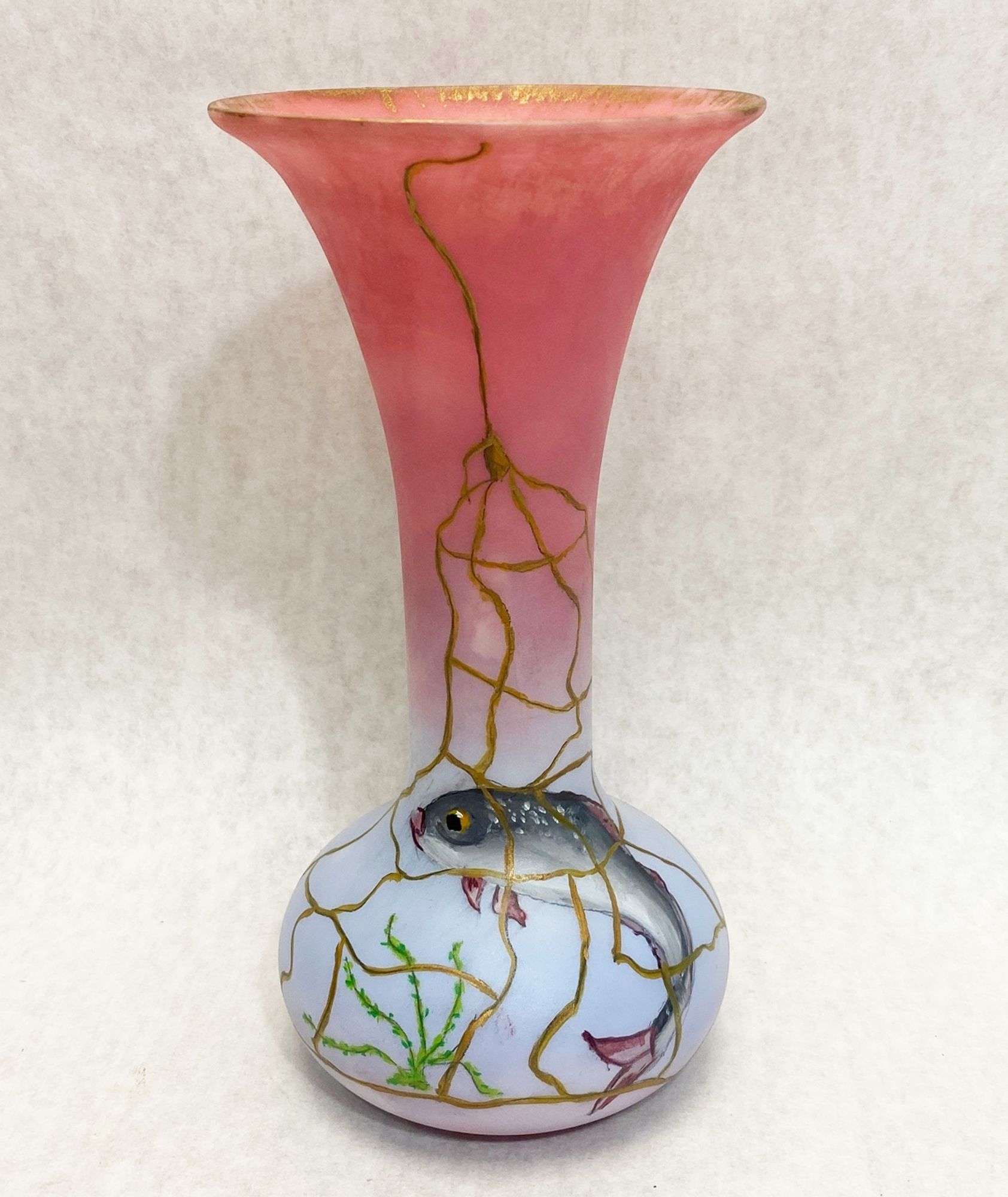 Appraisal: Peachblow Vase with Hand Painted Fish Decoration tall at widest