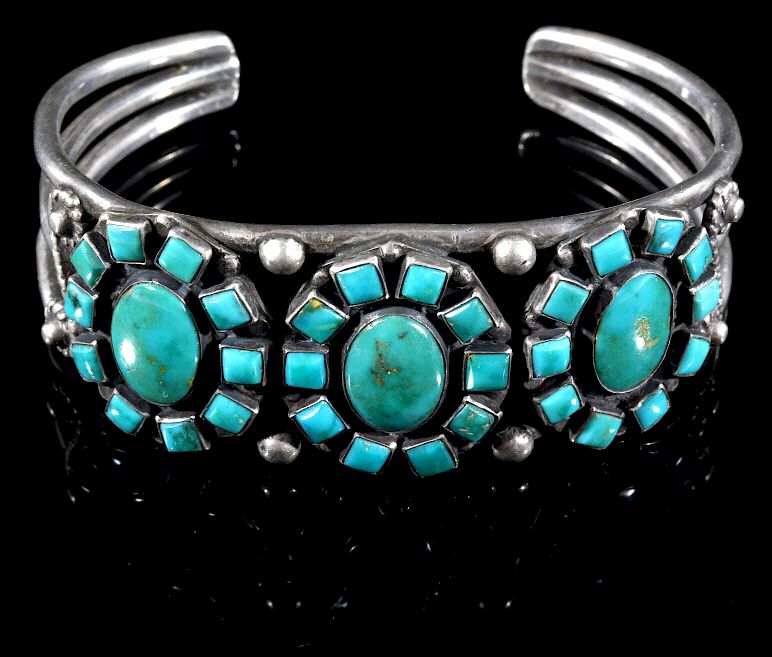 Appraisal: Navajo Turquoise Sterling Silver Cluster Cuff Offered in this lot