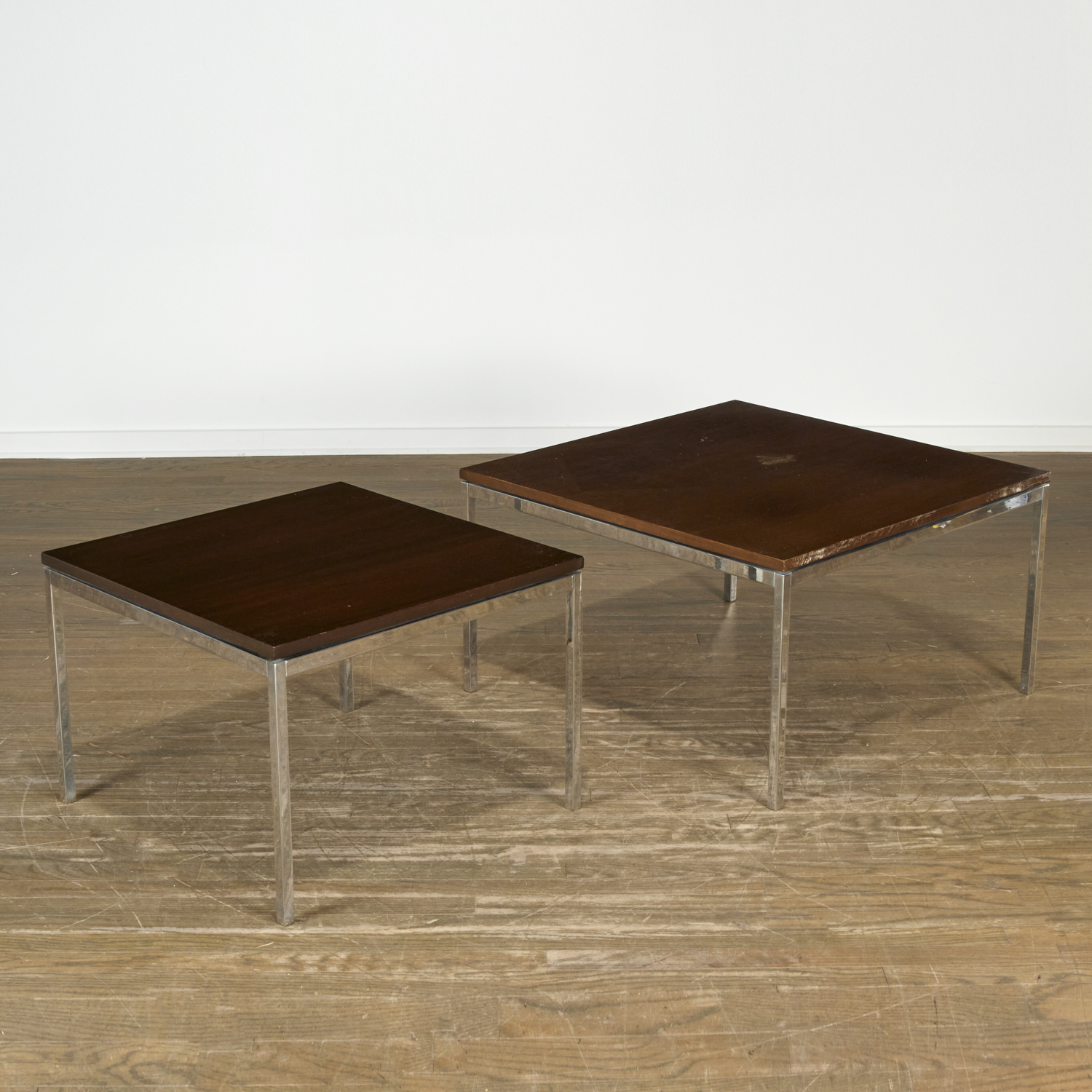 Appraisal: FLORENCE KNOLL ROSEWOOD CHROME SIDE TABLES c s American chromed