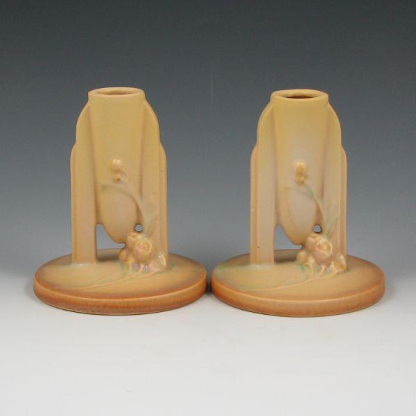 Appraisal: Pair of yellow Roseville Ixia candleholders Marked Roseville - One