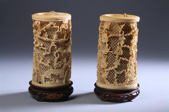 Appraisal: TWO CHINESE IVORY BRUSH POTS Early th century One carved