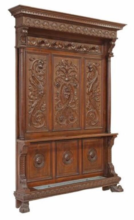 Appraisal: Italian Renaissance Revival carved walnut hall tree th c molded