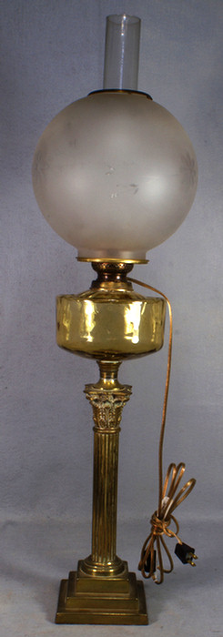 Appraisal: Brass and green glass column form banquet lamp etched frosted