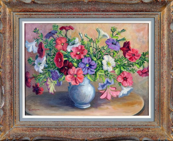 Appraisal: Petunias still life of purple and pink flowers on a