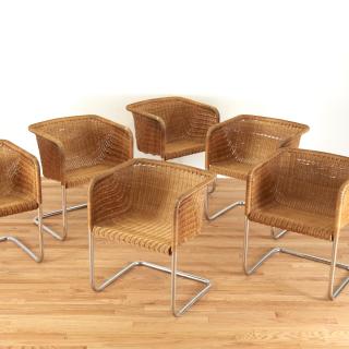 Appraisal: Set wicker and chrome chairs by Harvey Probber Set wicker