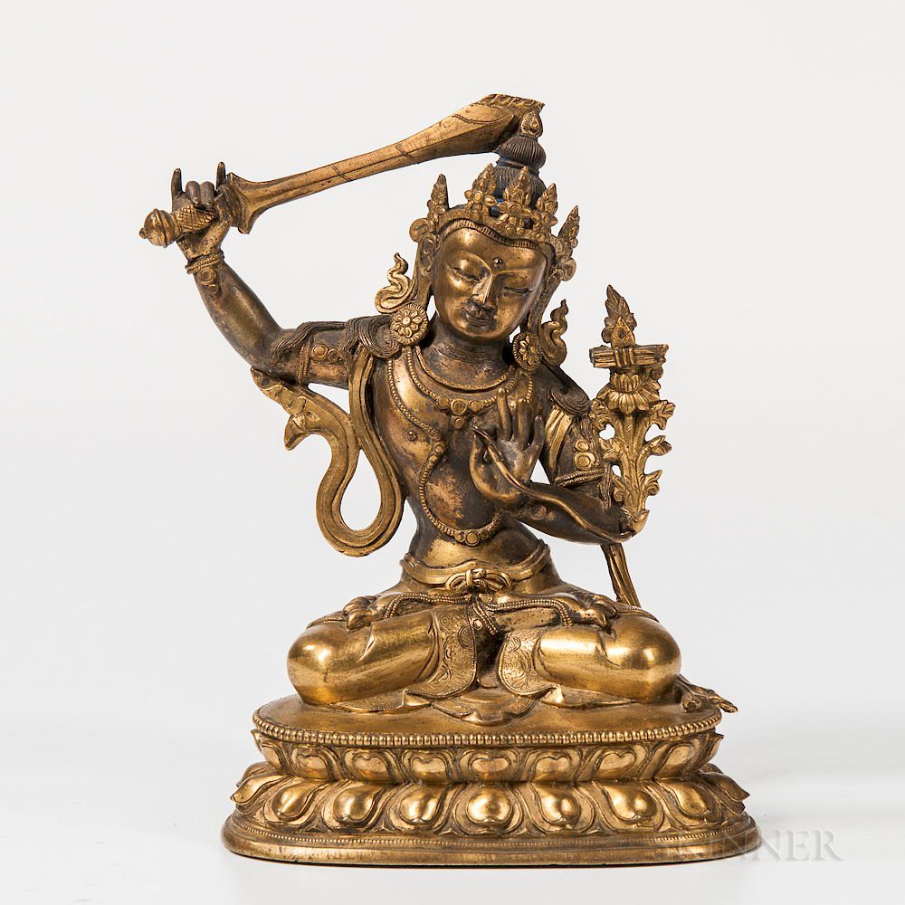 Appraisal: Gilt-bronze Figure of Manjushri Gilt-bronze Figure of Manjushri Sino-Tibet th