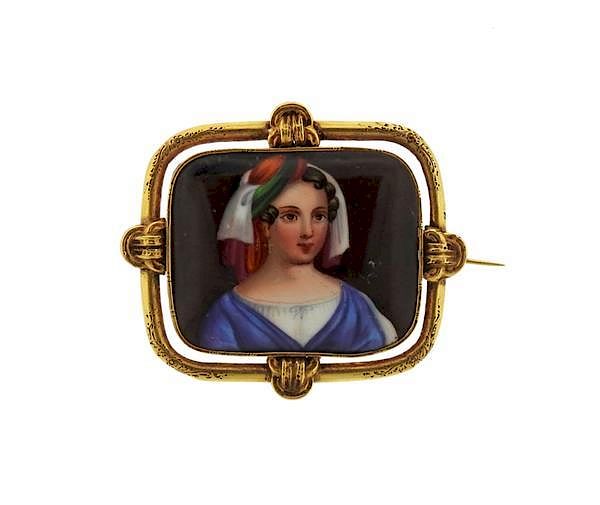 Appraisal: Antique k Gold Hand Painted Mother Mary Brooch Pin METAL