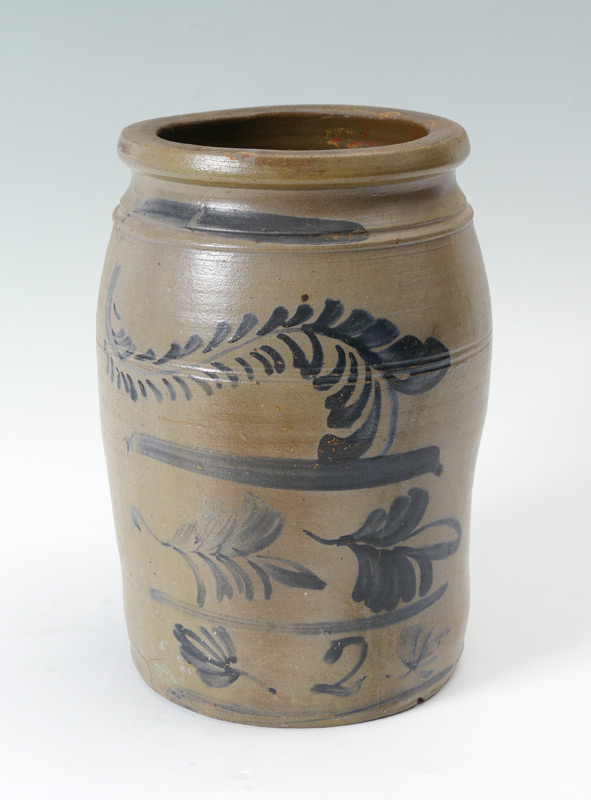 Appraisal: BLUE DECORATED GALLON STONEWARE CROCK Hand painted fern and foliate