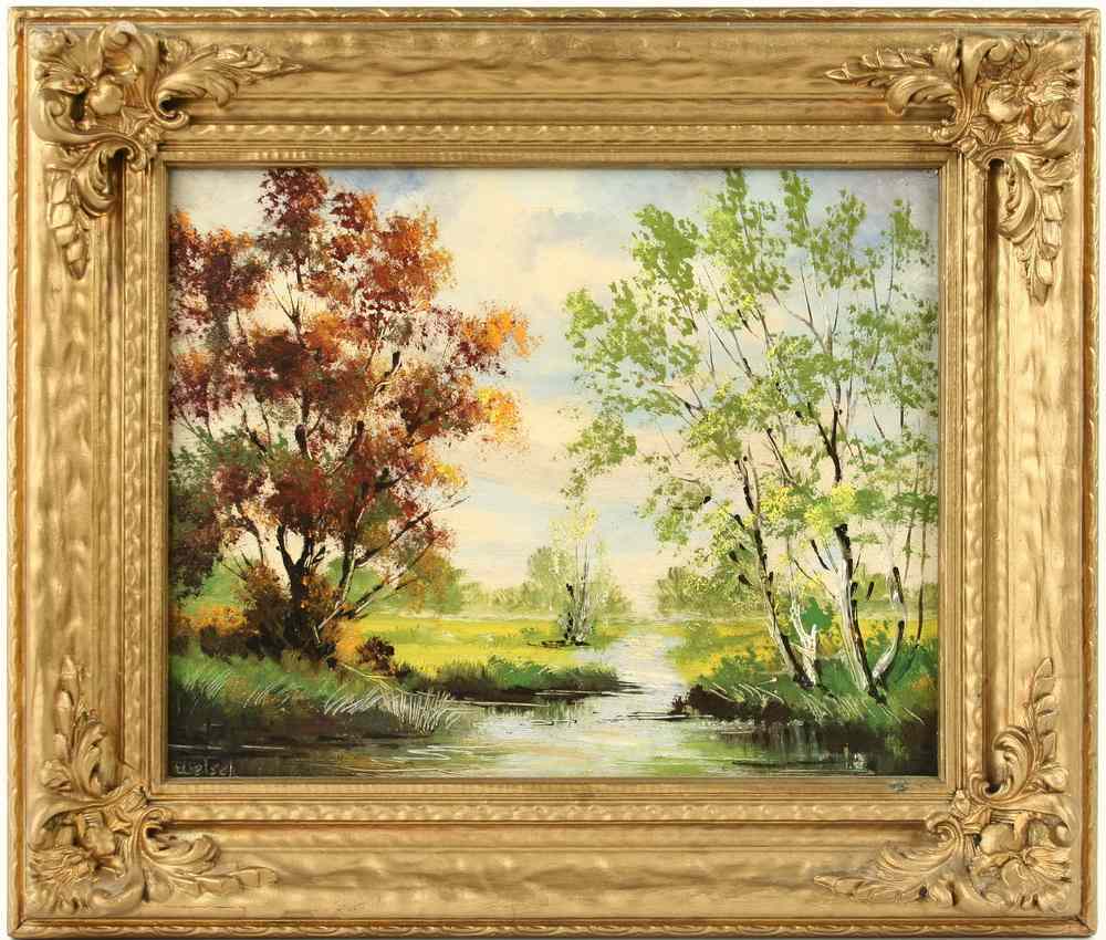 Appraisal: OIL ON MASO - Orange and Green Stream flanking woods