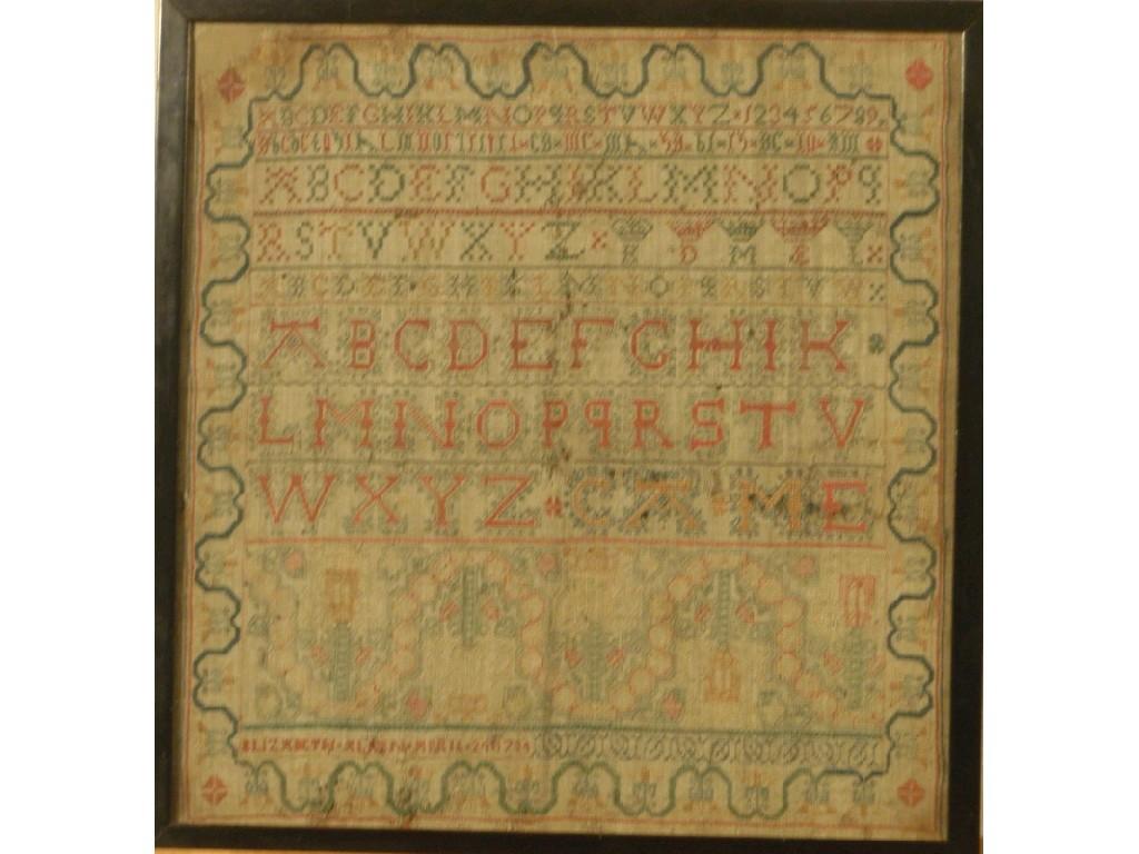 Appraisal: A George II sampler worked in coloured threads by Elizabeth