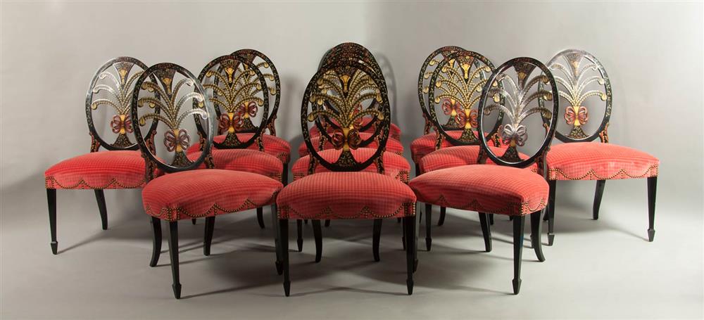 Appraisal: SET OF TWELVE KARGES HEPPLEWHITE STYLE CHAIRS WITH CORAL VELVET