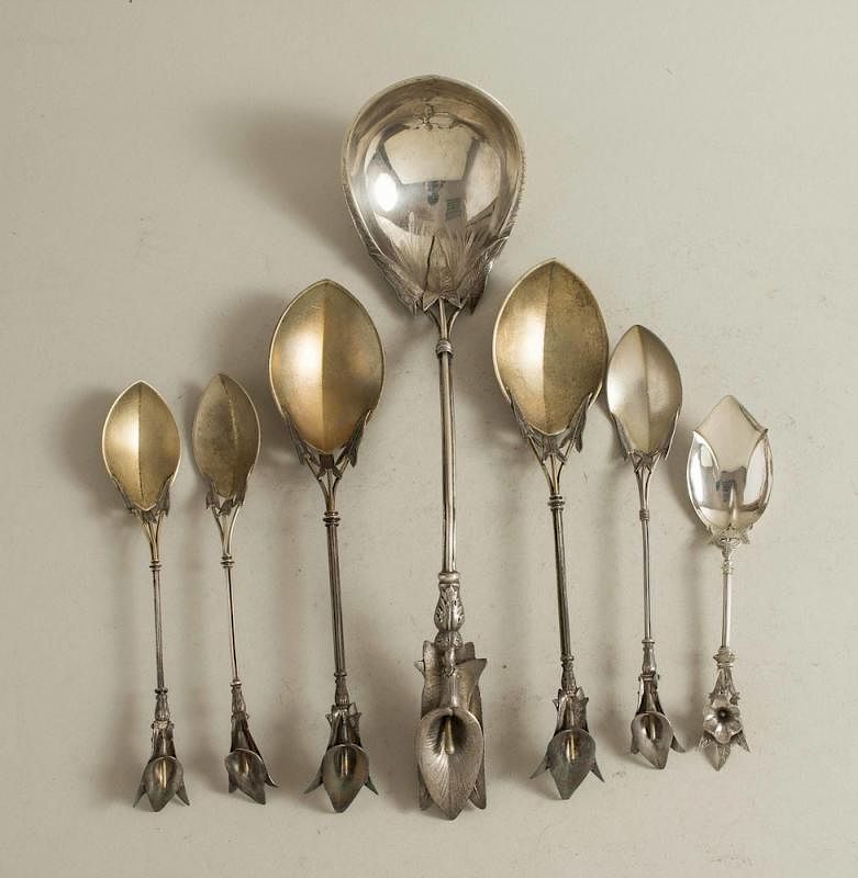 Appraisal: Assembled Silver Ladle Serving Spoons Lily Handles Assembled silver serving